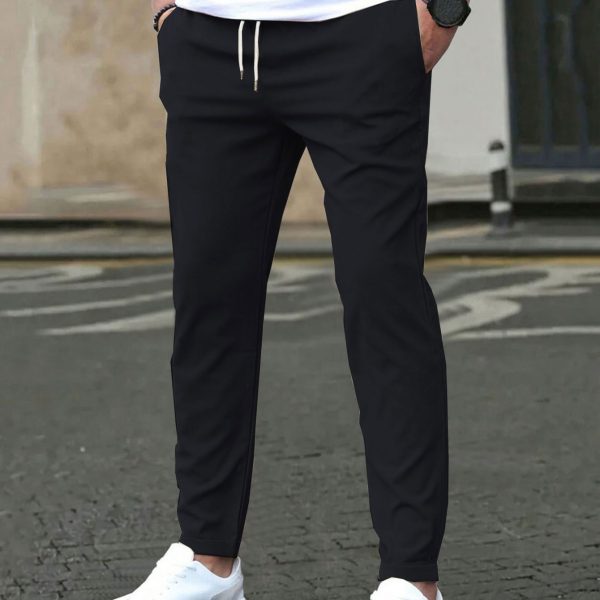 Casual Slim Fit Leather Tag Cropped Pants Solid Color Pants — Black