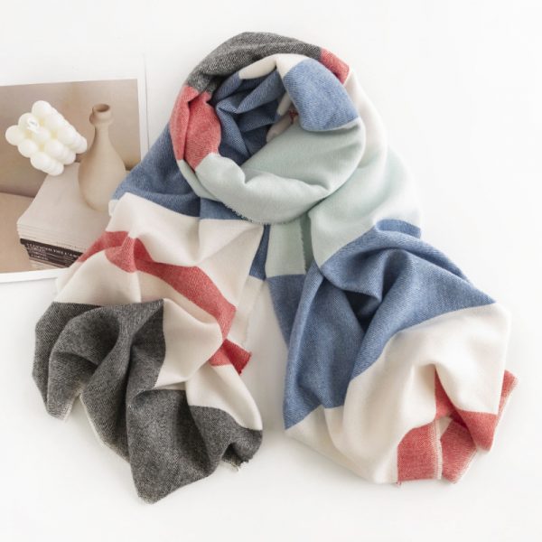Herringbone Pattern Monochrome Artificial Cashmere Scarf Women's Simple Casual Style Tassel Warm Shawl — FH2350832 Striped Blue