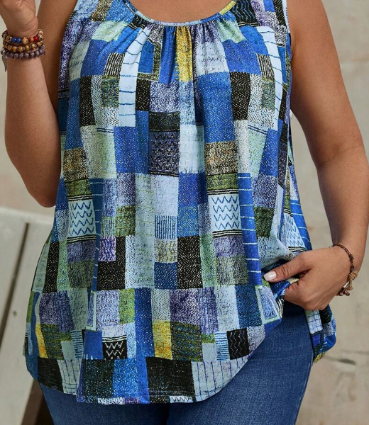 Plus Size Women's Summer Geometric Printed Round Neck Pleated Casual Tank Top — Blue