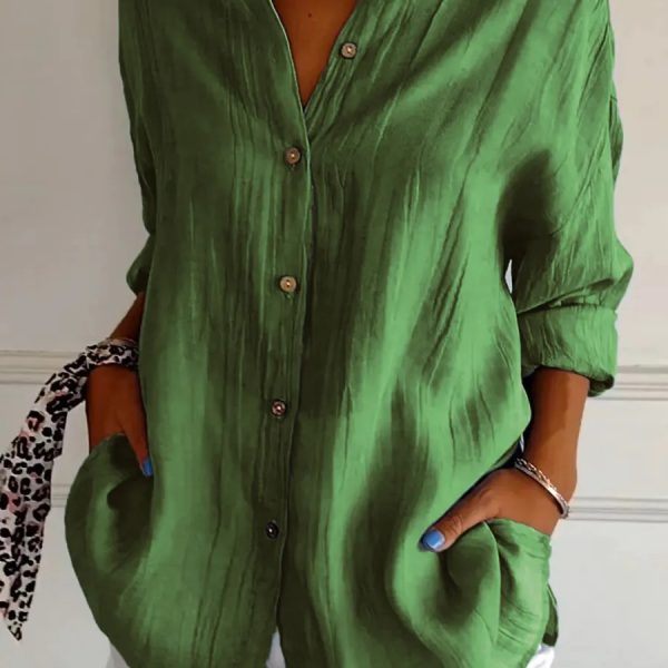 Lapel Long Sleeve Shirt Women's Single-breasted Pleated Shirt — Green