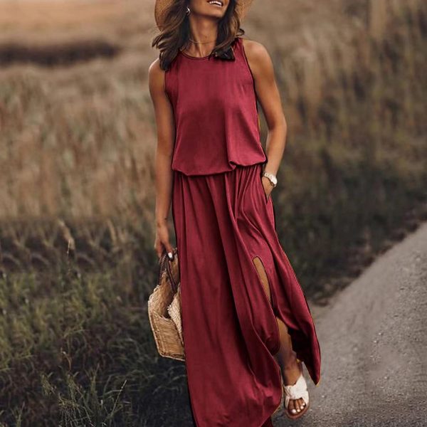 Round Neck Sleeveless Split Solid Color Dress — Purplish Red