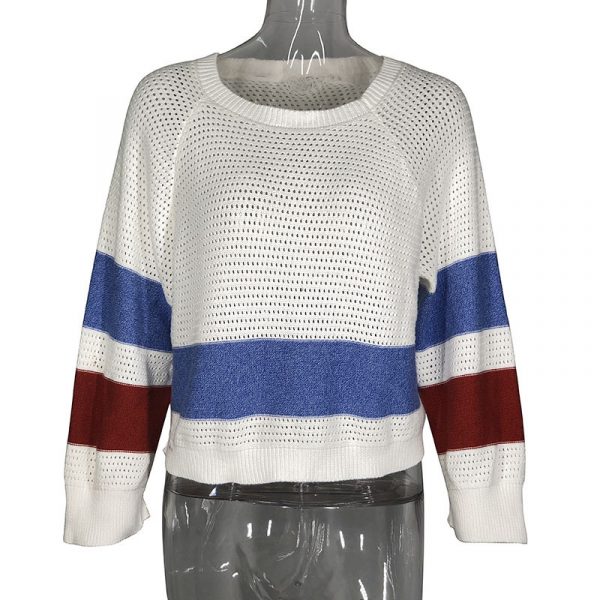 Women's Hollow-out Long Sleeve Color Matching Round Neck Pullover Loose Sweater — White