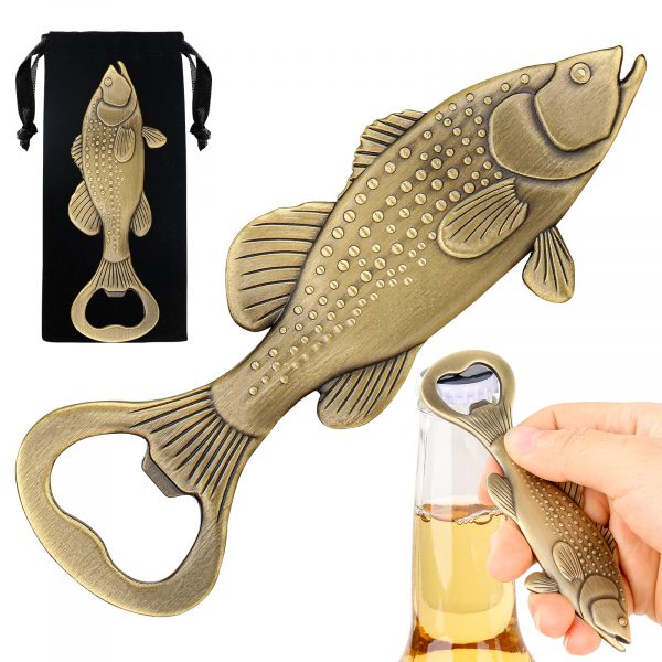 Creative Sea Bass Bottle Opener With Velvet Bag , Exclusive Gift For Fishing Enthusiasts, Bar Tool For Beer Enthusiasts, Ideal For Home And Bar Use, Novel Bar Accessories For Opening Beer — Bronze