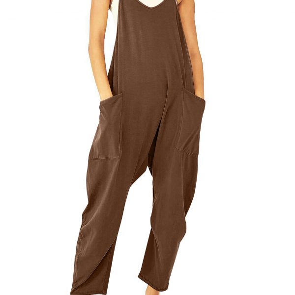 Women's Pocket Spaghetti Straps Knitted One-piece Trousers — M