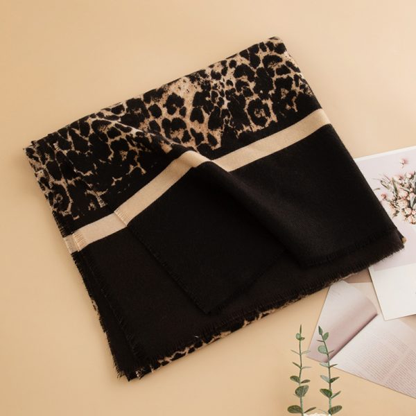 Leopard Print Artificial Cashmere Scarf Women's Warm Scarf Winter — Black Leopard Print