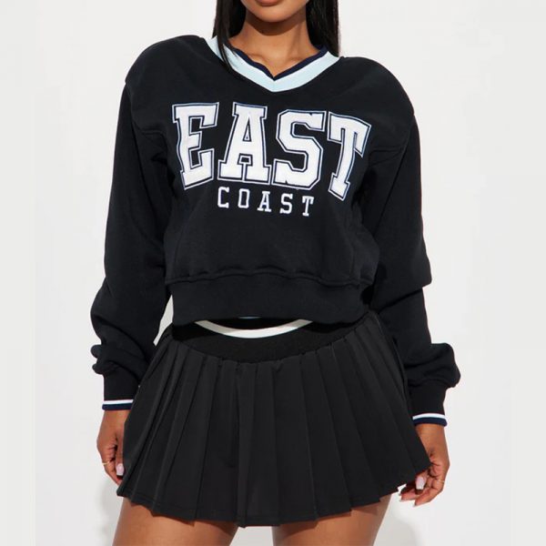 Letter Printed V-neck Long-sleeved Sweater Elastic Pleated Skirt Suit — Black