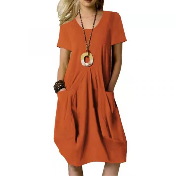 Cotton And Linen Solid Color Loose Round Neck Short Sleeve Dress — Orange Red