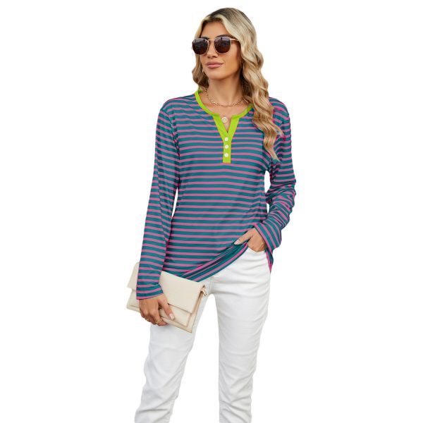 Women's V-neck Striped Loose Long-sleeved T-shirt Top — Rose Green Stripe