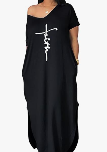 Letter Printed Super Loose Casual Maxi Dress — Black