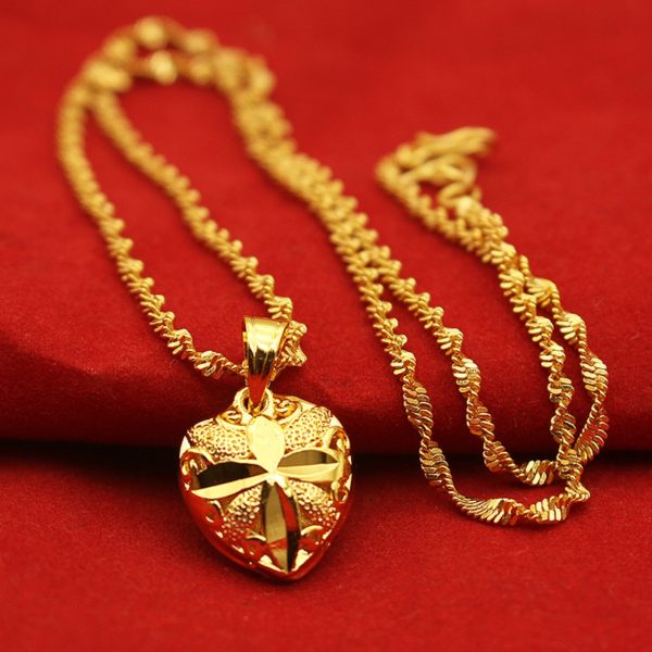 Gold-plated Brass Pendant Necklace For Women, Water Wave Textured Collarbone Chain — Doublesided heart necklace