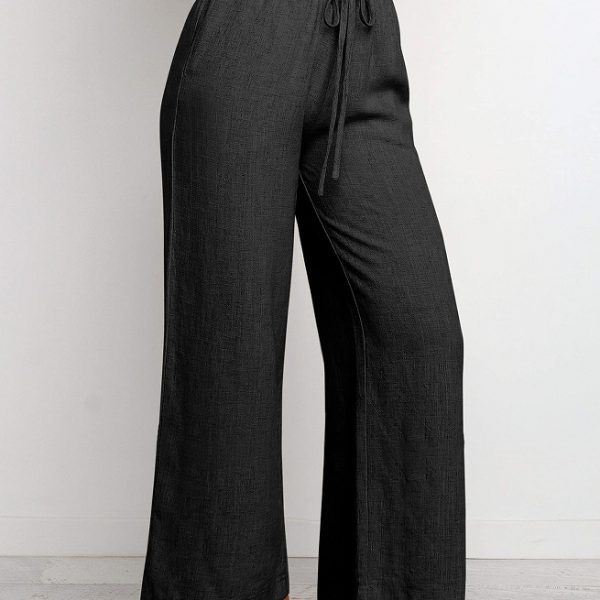 Elastic Waistband Lace-up Wide Leg Pants Solid Color Cropped Pants — Black