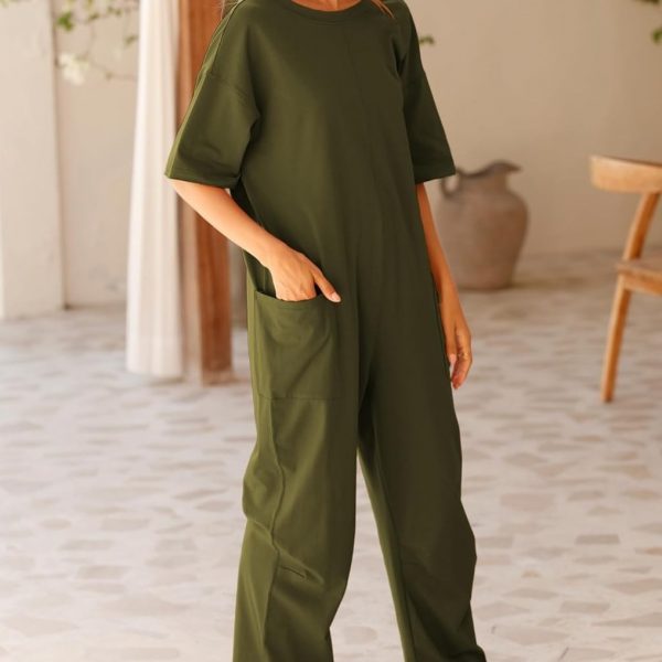 Women's Stretch V-neck Jumpsuit With Pockets — Green