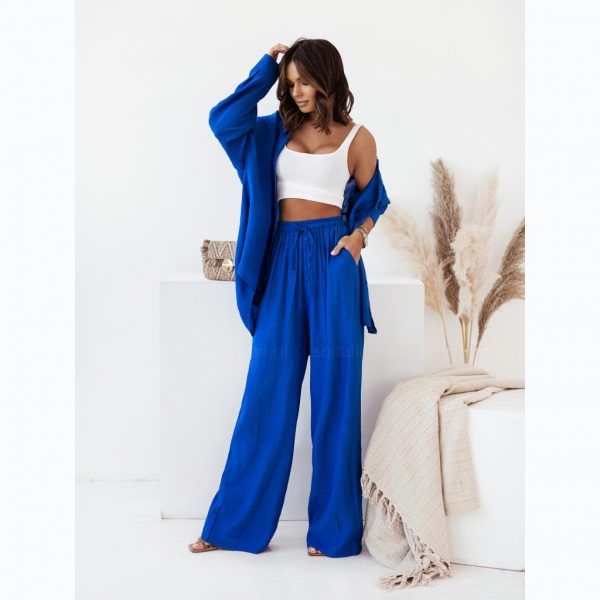 European And American Ins Style Solid Color Leisure Fashion Long Sleeve Blouse And Pants — Blue