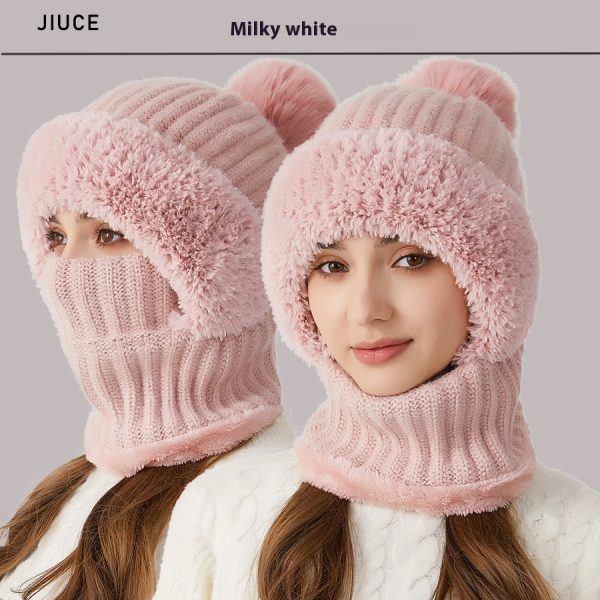 High Elastic Solid Color Knitted Hat Scarf Mask One-piece — Pink