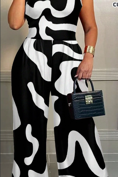 Casual Geometric Pattern Plus Size Jumpsuit With Sleeveless Top, Summer — Black