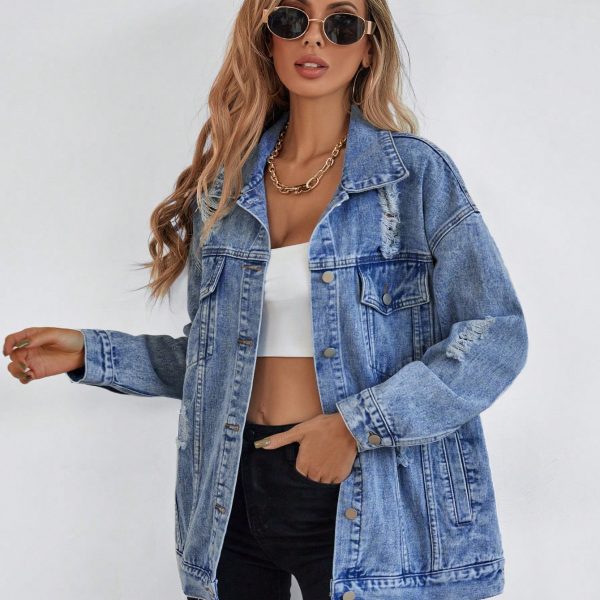 Button Blue Front Flap Pocket Drop Shoulder Denim Jacket — Dark Blue