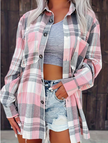 Yellow Plaid Shirt Jacket Blouse Women's Blouse — Pink