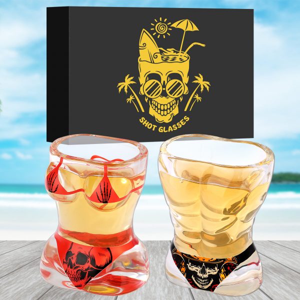 2 Pieces, Black Muscle Men's And Red Bikini Skull Style Glass Small Wine Glasses Bar Tools Christmas Gift, Halloween Gift, Birthday Gift, Company Party Gift, Universal Gift — BlackRed