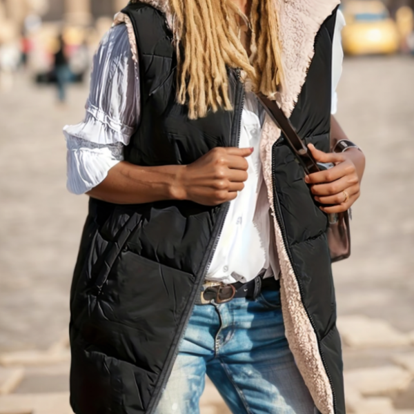 Elegant Reversible Faux Fur-Trimmed Sleeveless Hooded Vest — Black