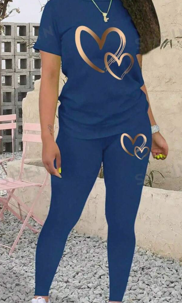 Women's Heart Printed Short Sleeve T-Shirt And Leggings Set — Blue