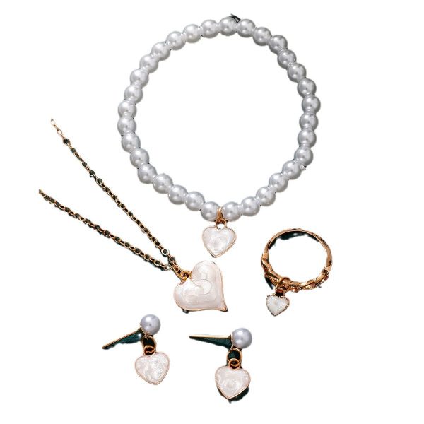 Girls Jewelry Cute All-match Oil Drop Heart Necklace Earrings Ring Bracelet Four-piece Set — Women