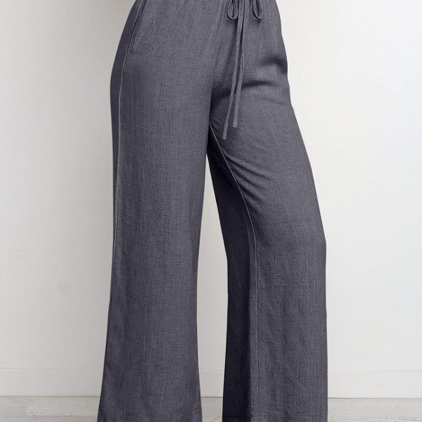 Elastic Waistband Lace-up Wide Leg Pants Solid Color Cropped Pants — Dark Gray