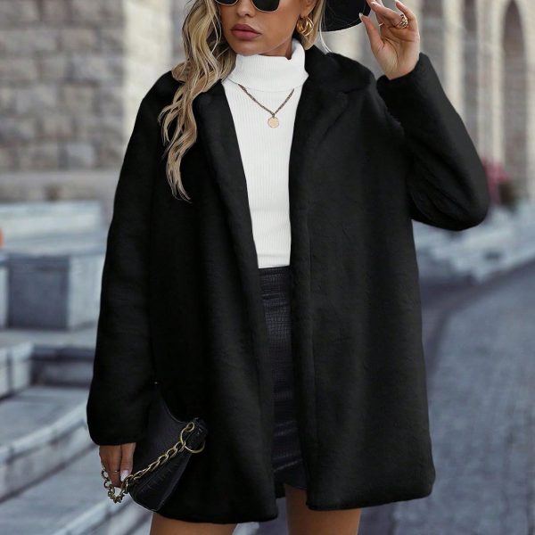 Fashionable Solid Color Women's Fluffy Burgundy Jacket — Black