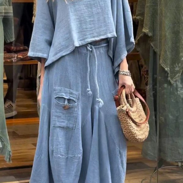 Casual Solid Color Loose Dress Two-piece Suit — Blue
