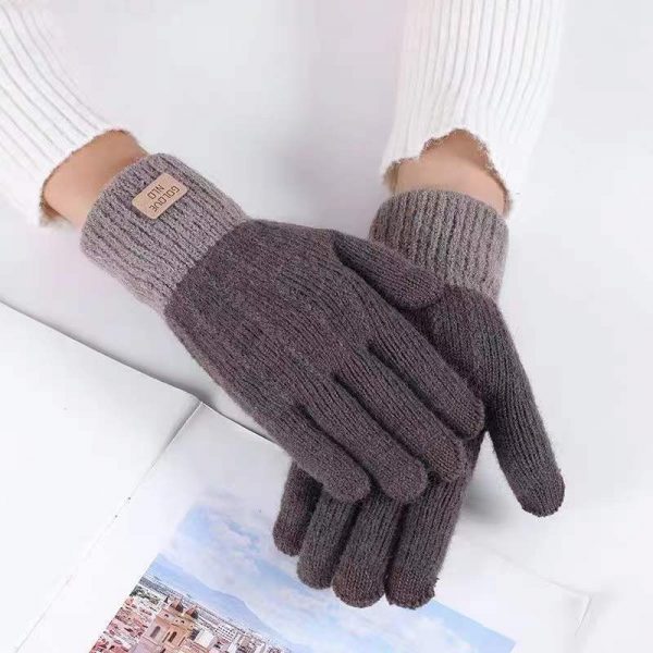 Winter Mittens Brown Striped Embroidered Warm Cycling Spot Universal Cartoon Gloves Ins — Coffee