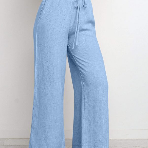 Elastic Waistband Lace-up Wide Leg Pants Solid Color Cropped Pants — Light Blue