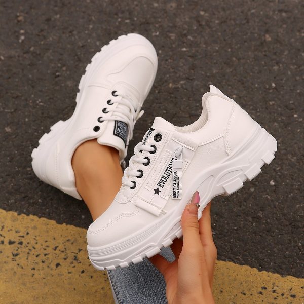 Lace-up Sports Shoes With Side-Zipper Design Fashion Thick-soled Round-toe Casual Shoes For Women Sneakers — White