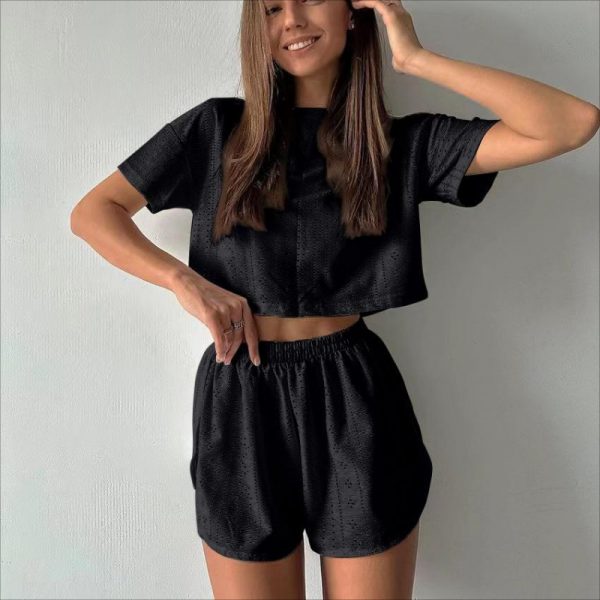 2pcs Casual Hollow Suit With Short-sleeved Crop Top And Elastic Slit Shorts Summer Fashion Sport Clothing For Women — Black