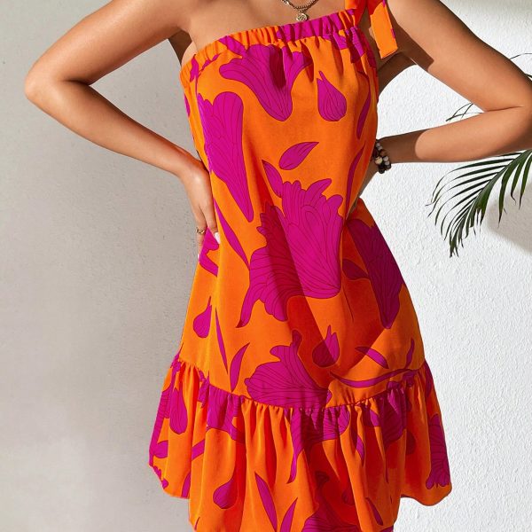Floral Print One Shoulder Ruffle Hem Dress — Orange