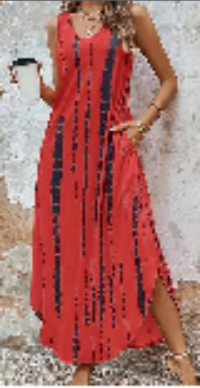 Women's Tie Dye Tank Max Dress Sleeveless V Neck Asymmetrical Split Hem Dresses With Pocket Vacation Dress — Red