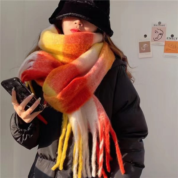 Women's Plaid Tassel Scarf Rainbow Color-blocking Shawl — Orange