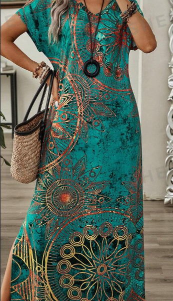 Women's Vintage Floral Print V-Neck Batwing Sleeve Casual Summer Dress Maxi Women Dresses Long Dress — Green