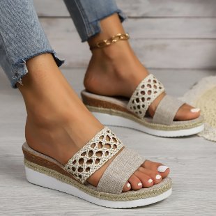 Plus Size Rope Bottom Platform Peep Toe Sandals For Women — Beige