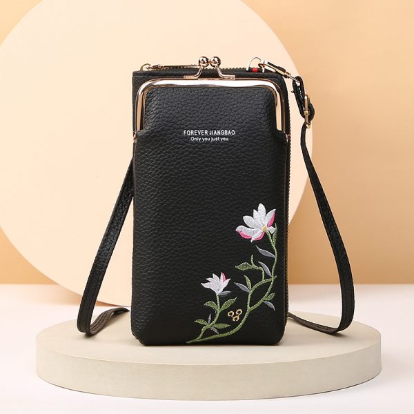 Flower Embroidery Phone Bag With Lock Buckle Outdoor Long Wallet Fashion Shoulder And Crossbody Bags — Black