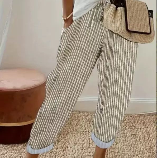 Summer Stripes Casual Pants Loose Elastic Waist Women — Apricot