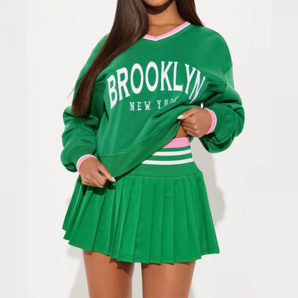 Letter Printed V-neck Long-sleeved Sweater Elastic Pleated Skirt Suit — Green