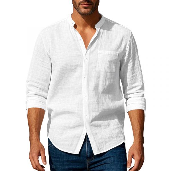 Long Sleeve Stand Collar Shirt With Pockets Casual Men's Clothing — White