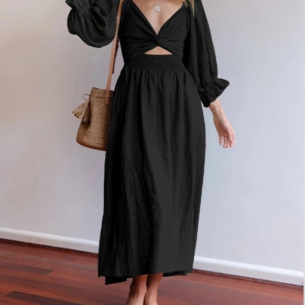 Women's Clothing V-neck Half Sleeves Front And Back Wearable Type Dress — Black