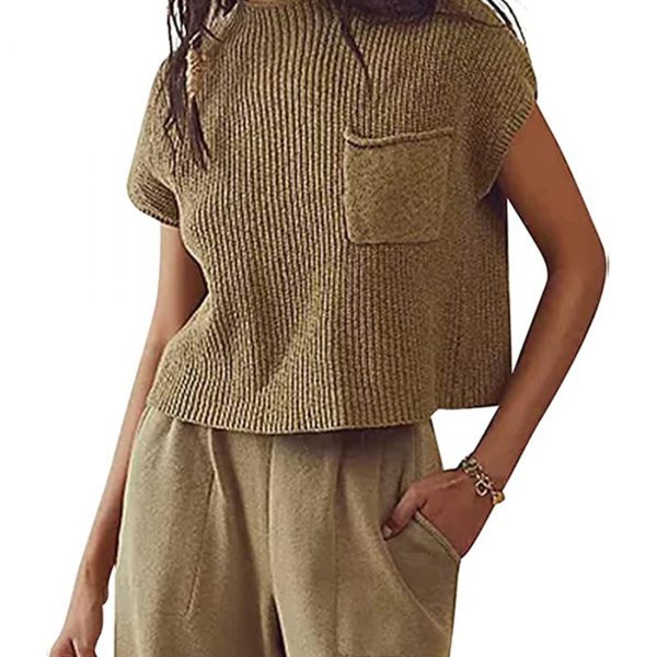 Women's Knitted Sleeveless Pocket Casual Rib Pullover Vest — Khaki