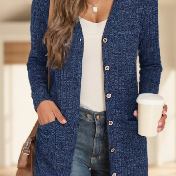 A Solid-colored Long-sleeved Coat For Ladies — Blue