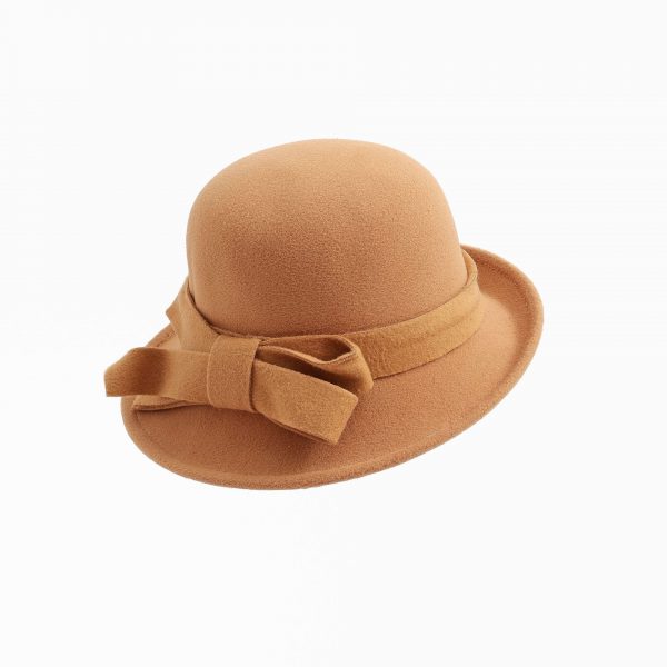 Women's French-style Elegant Retro Woolen Bowler Hat Curling Bow — MM1966 Camel