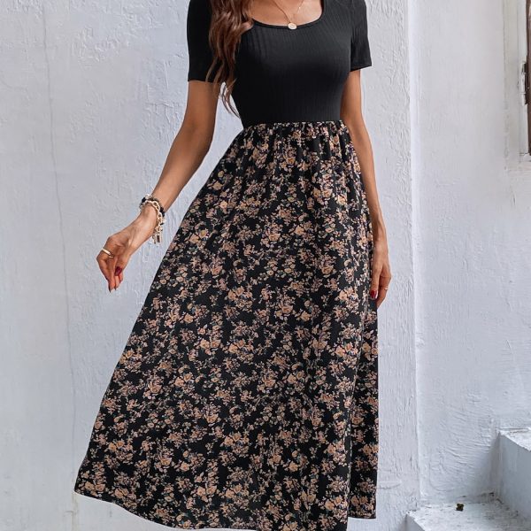 Clasi Floral Print Scoop Neck Dress Maxi Women Outfit — Black