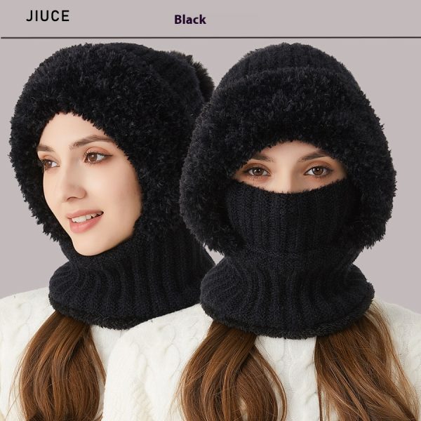 High Elastic Solid Color Knitted Hat Scarf Mask One-piece — Black