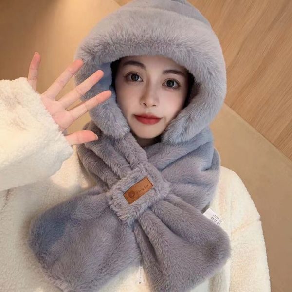 Cycling Cold Protection Ear Protection Fleece-lined Warm Hat All-match Scarf — Leather Tag Plush Bonnet Gray