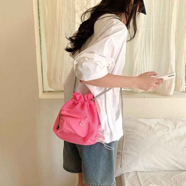 Small Mesh Drawstring Bucket Bag Fashion Cute Messenger Shoulder Bags For Women — Pink