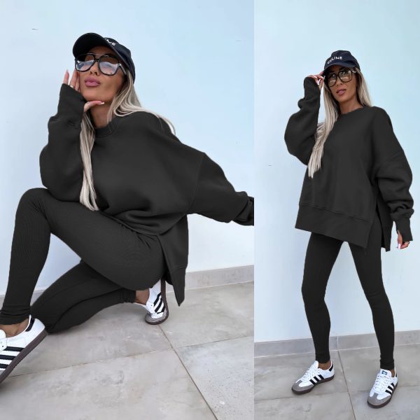 Sweater Suit Women's Casual Loose Long Sleeve Crew Neck Split Top Tight Trousers — Black